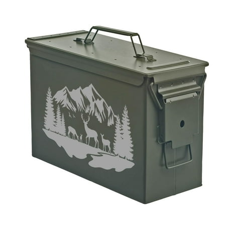 Steel Ammo Can Storage Box Ammunition Case Deer Mountain Forest River Scene (30cal Green)