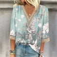 thumbnail image 2 of DondPO Womens tops Women's Shirts Trendy Summer 3/4 Sleeve Shirts Lace V Neck tops Trendy Vacation Floral Blouses Shirts for Women Blouses for Women Green 4XL, 2 of 5