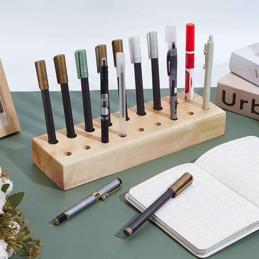 Wooden Marker Stand Pen Organizer Holder Wood Desktop Pen Holder Rustic Marker Storage Display with 2 Sizes Slots Holds 18 Markers
