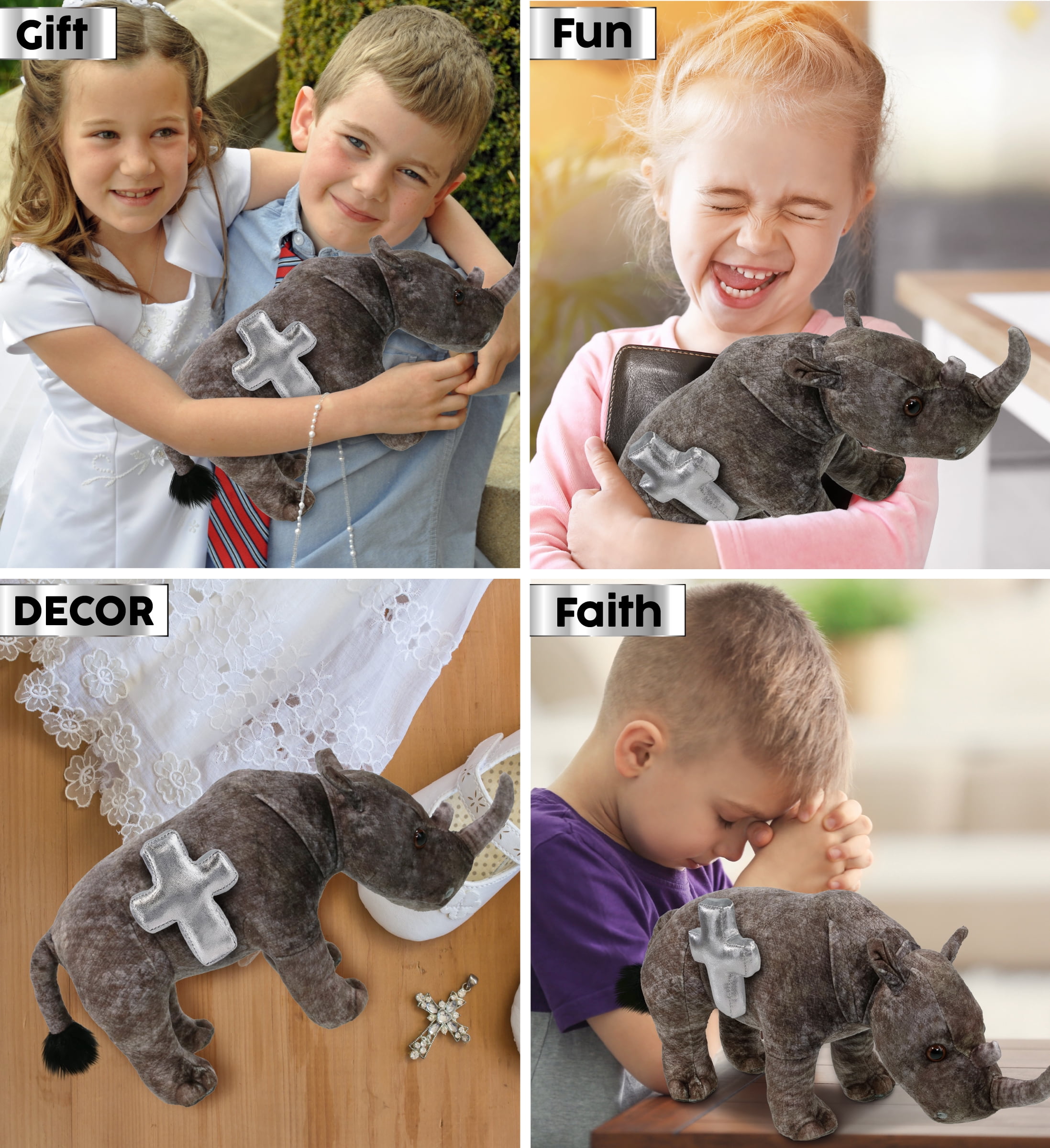 DolliBu Wild Collection Rhino Stuffed Animal with Silver Cross Plush - Baptism Gifts for Boys and Girls, Dedication Christening Gifts Plush Prayer Toy Healing Stuffed Animal - 15 Inches