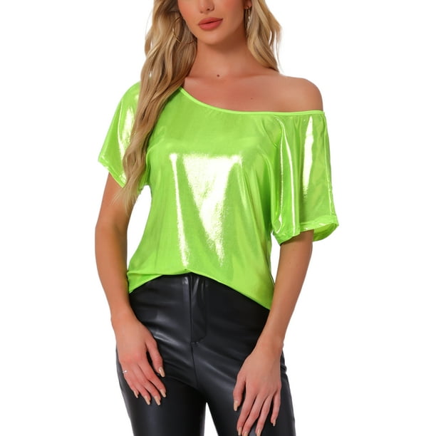 Tops metálicos INSPIRE CHIC para mujeres con hombros al descubierto, manga corta, sueltos, blusa brillante para fiestas