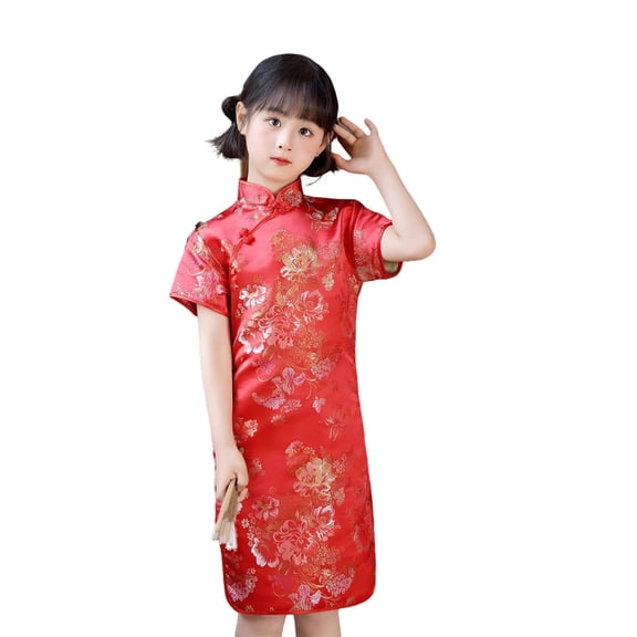 WhouRiu Girls Casual Summer Princess Dress Floral Graphic Short Sleeve High Neck Cheongsam Kids Comfortable Cute Party Dresses,5-6 Years