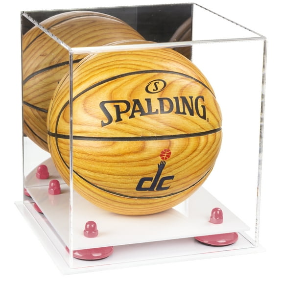 Acrylic Mini - Miniature (not Full Size) Basketball Display Case with Mirror, Pink Risers and White Base (A015-PNR)