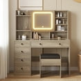 thumbnail image 4 of Zimtown 47" Vanity Desk with Charging Station, Makeup Table with 5 Drawers, Built-in Storage Shelves and 3 Color Lights, Dressing Table Set, Brown, 4 of 12
