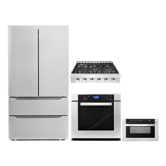4 Piece Kitchen Package 36" Slide-In Gas Cooktop 30" Single Electric Wall Oven 24" Built-In Microwave Drawer & French Door Refrigerator