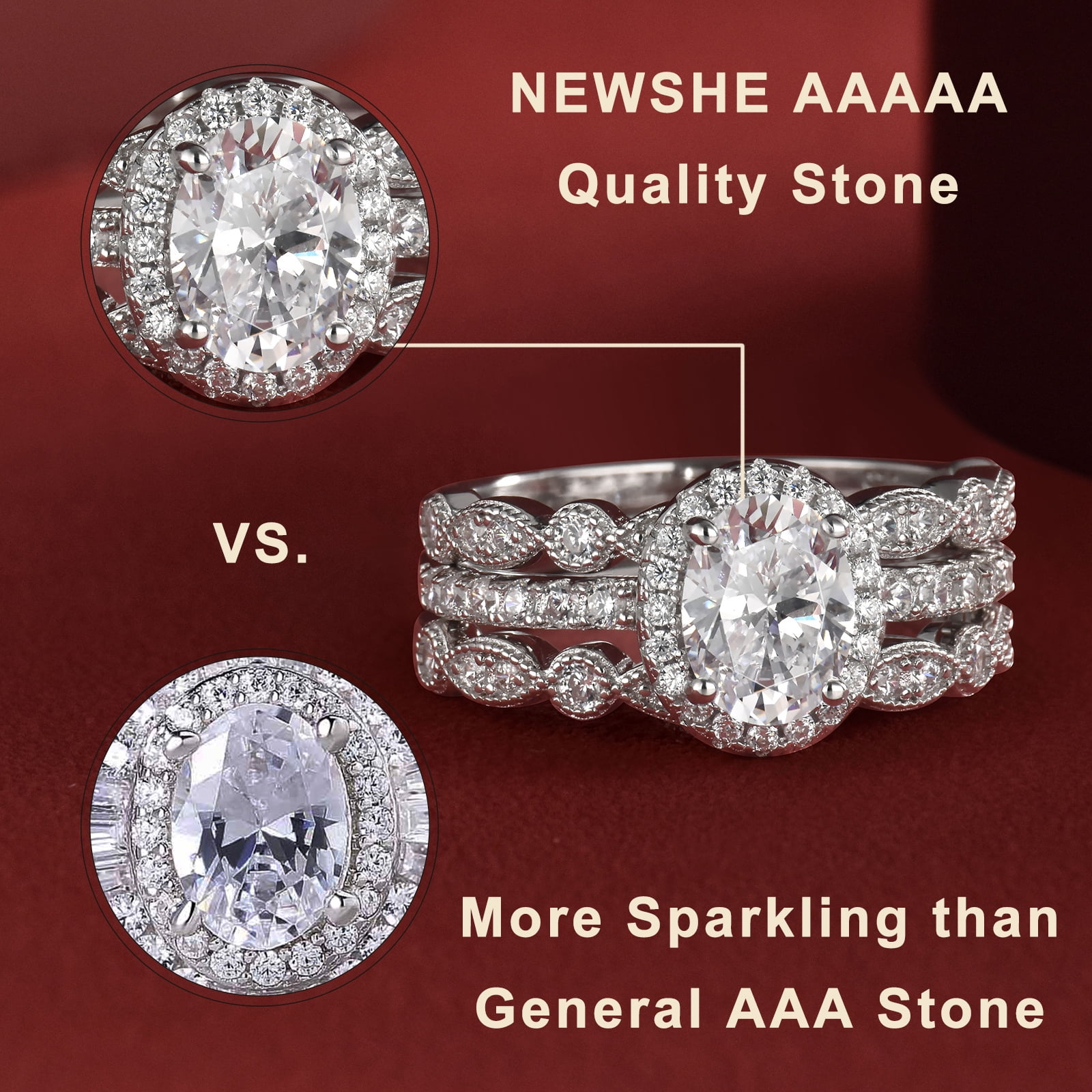 Newshe Jewellery Engagement Sets Wedding Rings for Women 925 Sterling Silver 3pcs White Cz Size 6