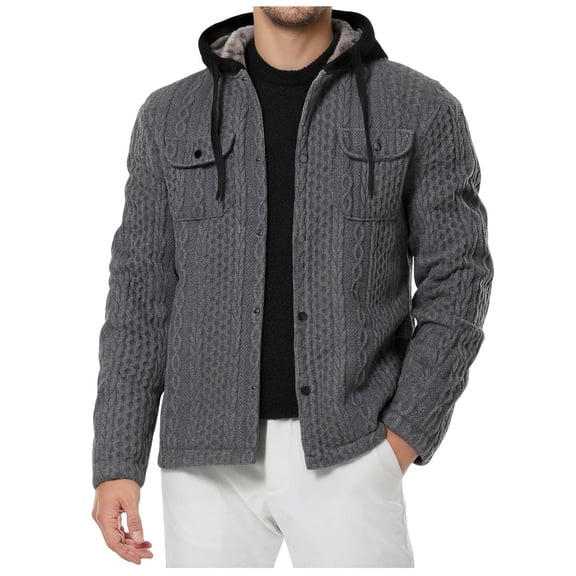 Mrmaere Men's Hooded Button-Front Jacket Cable Knit Texture Warm Casual Outerwear for Daily & Outdoor Wear Gray L