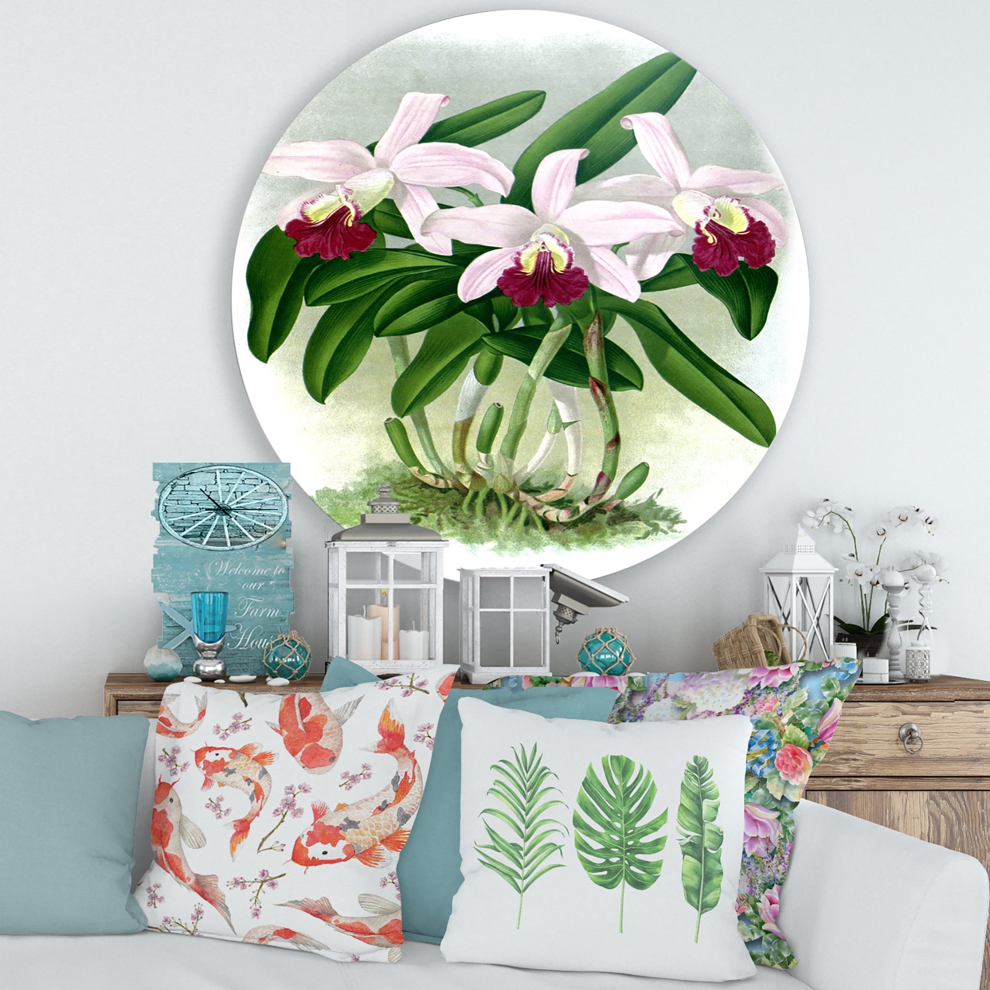 Designart 'White Vintage Orchid Flower I' Traditional Circle Metal Wall Art 29x29 - Disc of 29