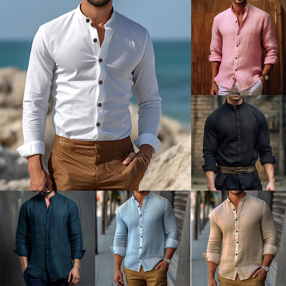 Fule Men Retro Collarless Casual Formal Informal Grandad Long Sleeve Cotton Shirt Top - image 5 of 7