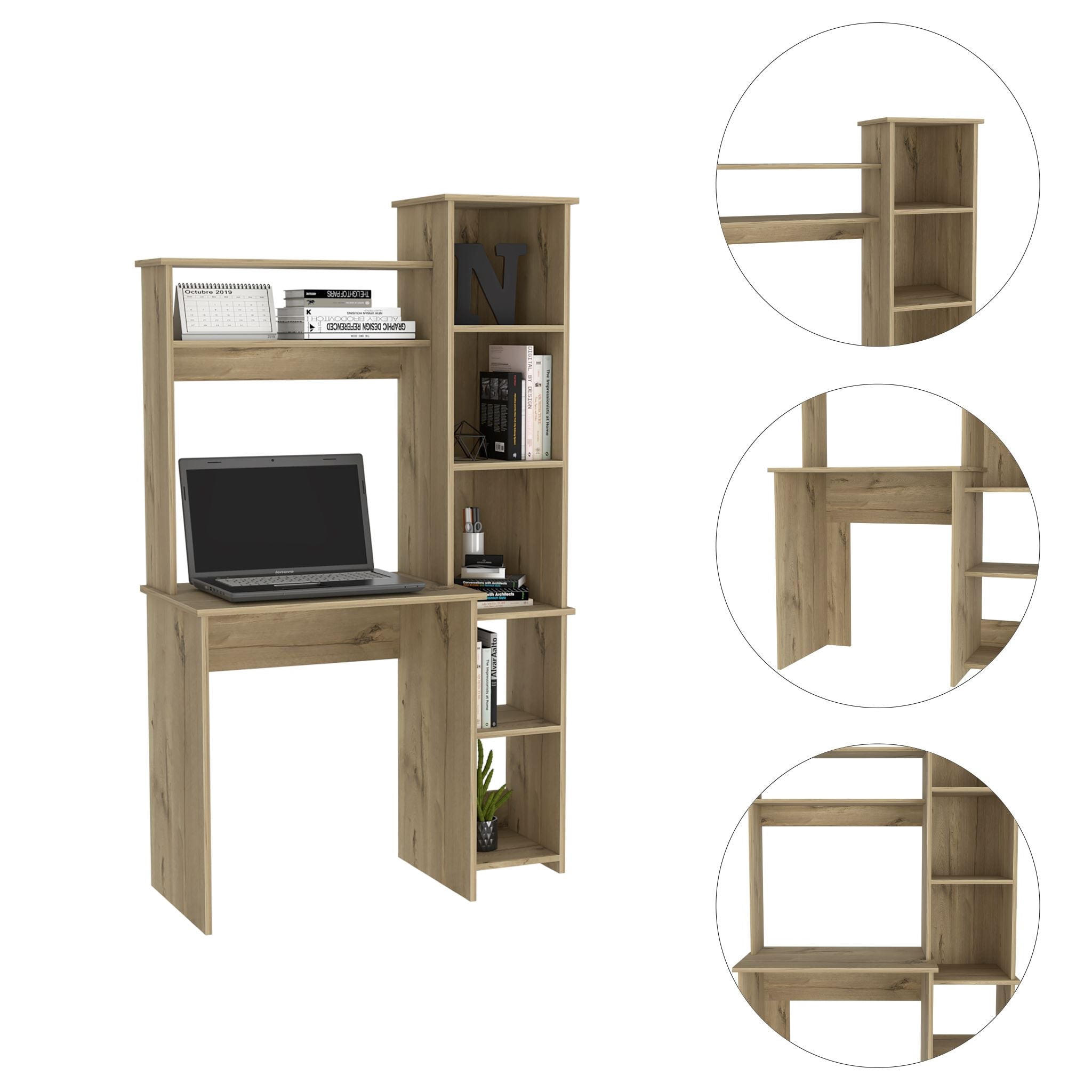 Boahaus Yerevan Modern Computer Desk with 5 Open Shelves, Brown
