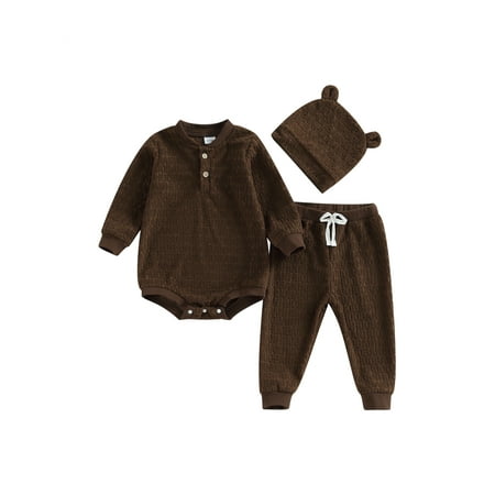 

Infant Baby Boys Fall Outfits Long Sleeve Sweatshirts Rompers Long Pants Hat 3Pcs Clothes Set