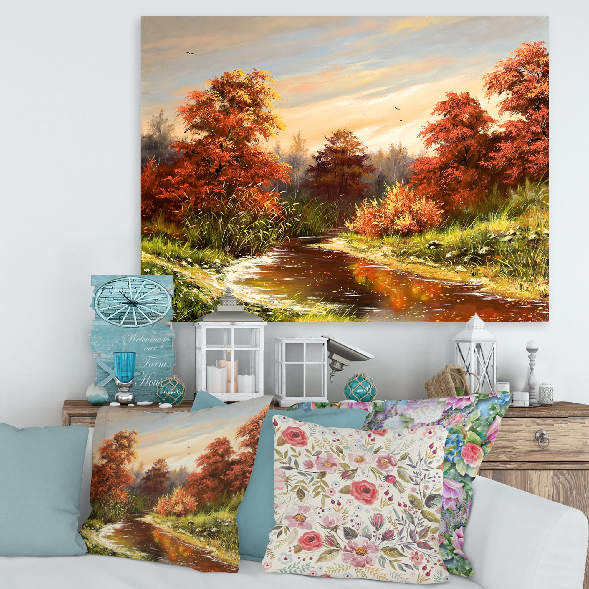 Designart ' The Wood River On A Decline In An Orange Autum Summer ' Lake House Canvas Wall Art Print
