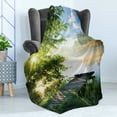 thumbnail image 4 of Landscape Soft Flannel Fleece Throw Blanket, Fishing Pier by River in the Morning Clouds and Trees Nature Image, Cozy Plush for Indoor and Outdoor Use, 60" x 80", Green Blue White, by Ambesonne, 4 of 5