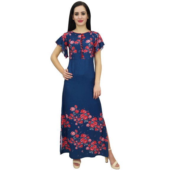 Bimba Women's Floral Printed Sleeve Navy Blue Long Georgette Dress-10
