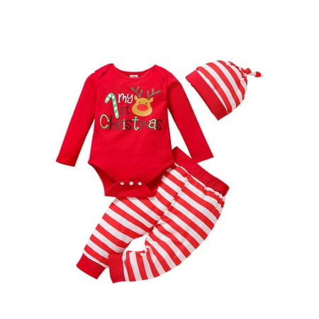

TheFound Newborn Baby Boys My 1st Christmas Outfits Long Sleeve Deer Print Romper+Stripe/Plaid Pants+Hat Clothes