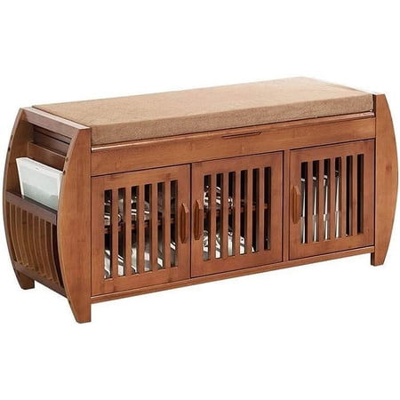 PULUOMIS 10 Pair Shoe Storage Bench, Detachable Cushion with Hidden Storage Compartment