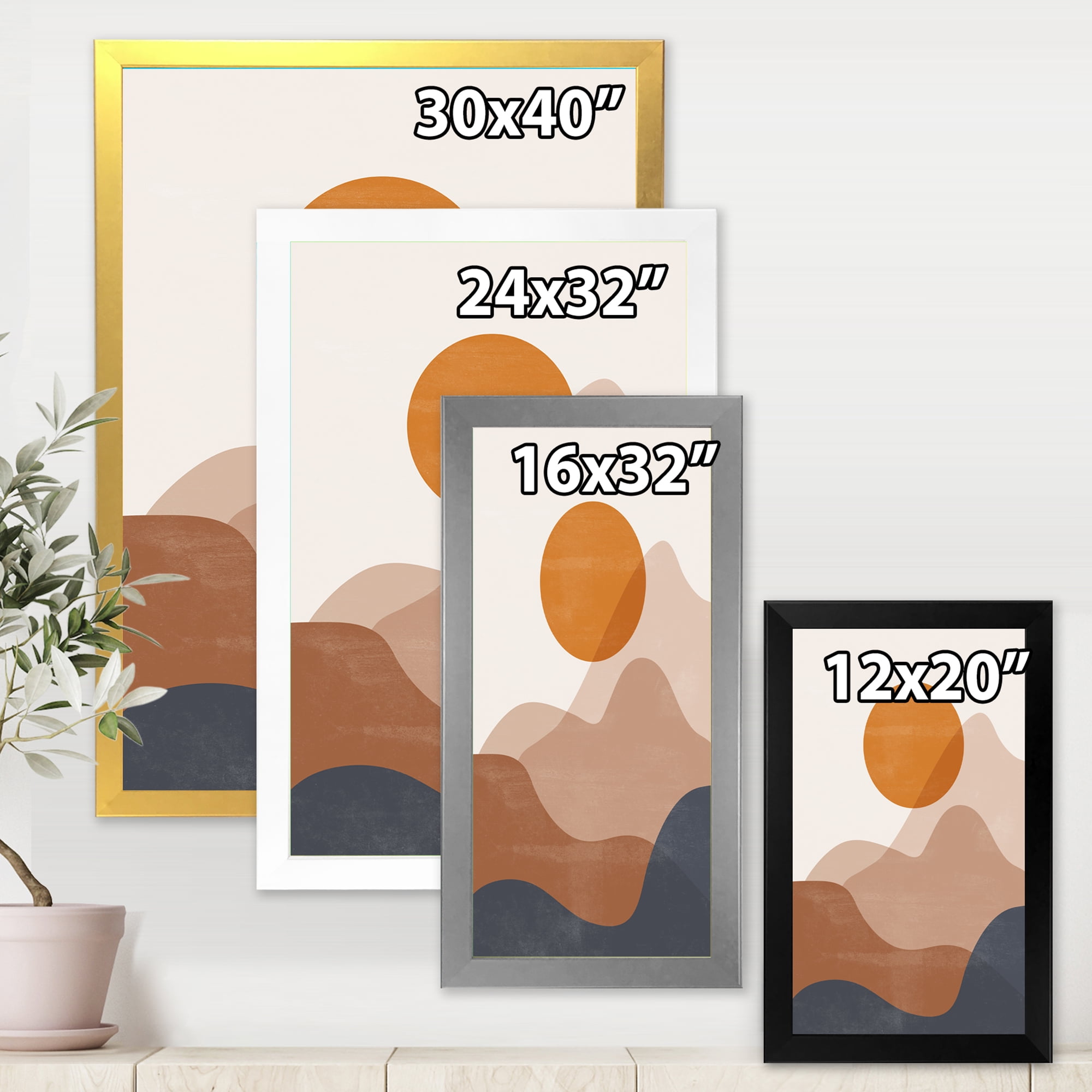 Designart 'Abstract Earth Toned Mountains With Red Moon II' Modern Framed Art Print