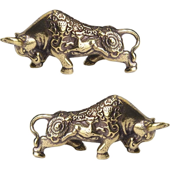 SnowOwl Brass Bull Statue 2pcs, Small Cow Figure Statues Ox Sculptures, Perfect Decor Home Table Decoration Office Desk Animal Ornament Figurine (Bronze-5)