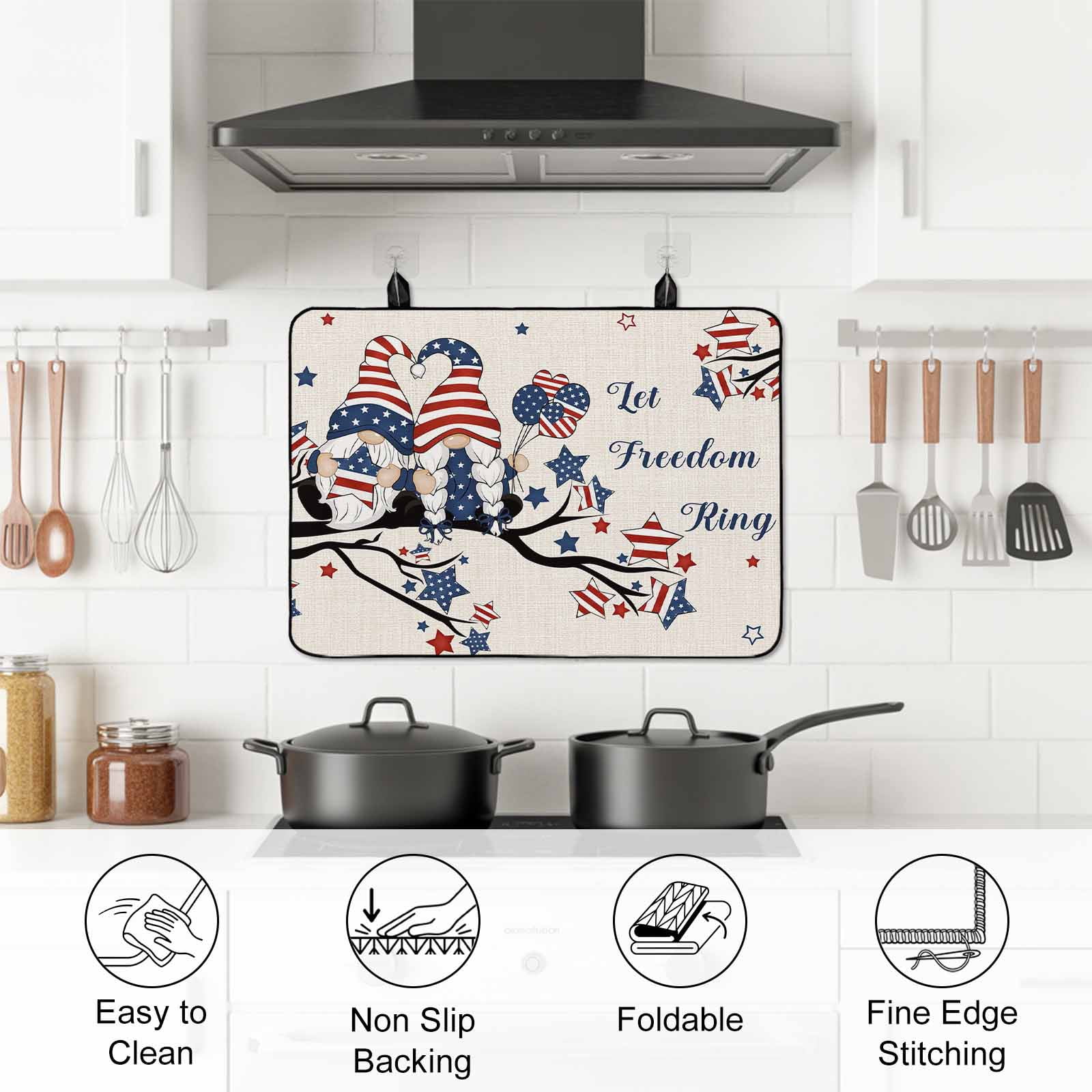 4th of July Stove Top Cover for Electric Stove,Heat-proof & Non Slip Glass Top Stove Cover Protector,Independence Day Gnomes Blue Red Star Tree Rustic Kitchen Flat Cooktop Rubber Mat 28.5x20.5 Inches