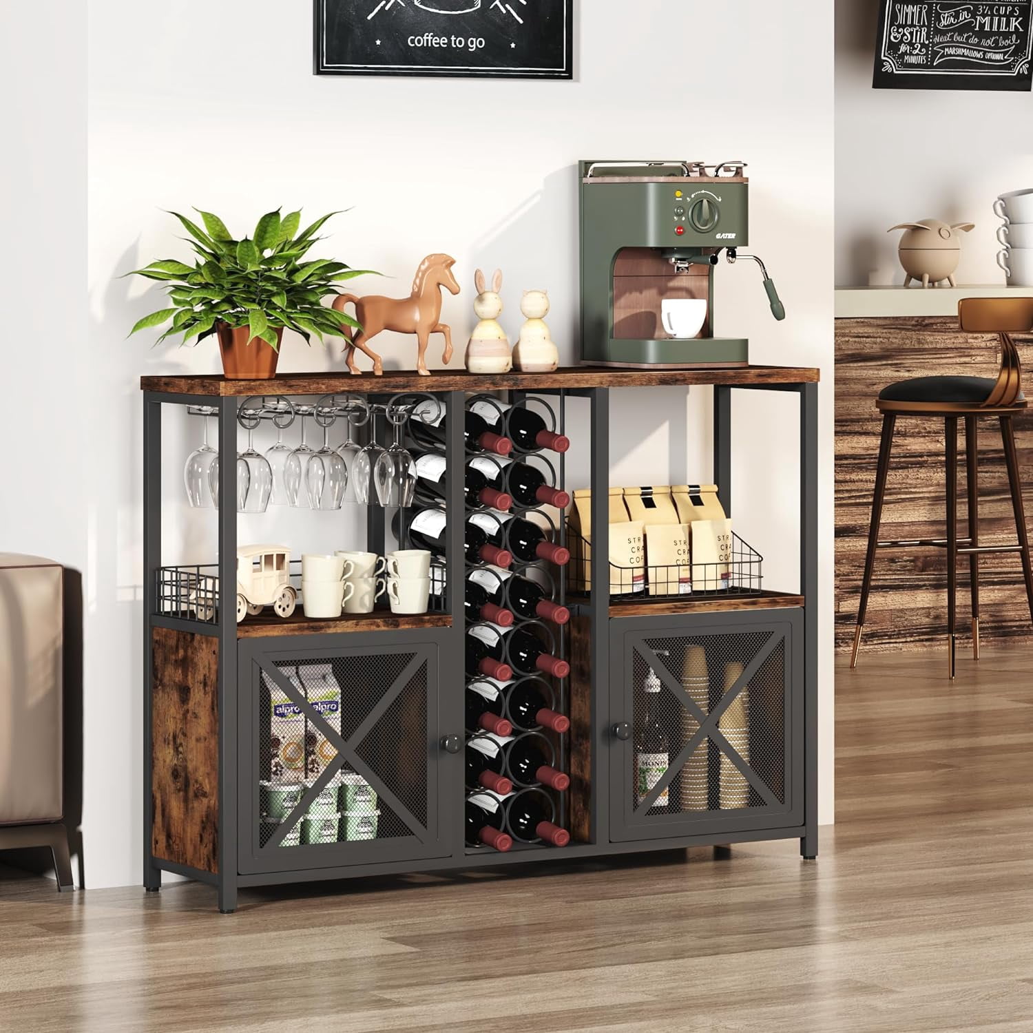 Mini Bars for Home, Wooden Coffee Bar Cabinet, Modern Liquor Cabinet for Liquor and Glasses, Farmhouse Buffet Wine Bar Cabinet with Storage Sideboard for Home Kitchen Dining Room