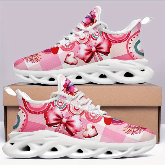 Coolcustomize Women's Pink Heart & Butterfly Sneakers - Low-top Lace-Up Running Shoes with Breathable Fabric, EVA Sole & Round Toe Design Trainers for Casual Wear, gym, Outdoor