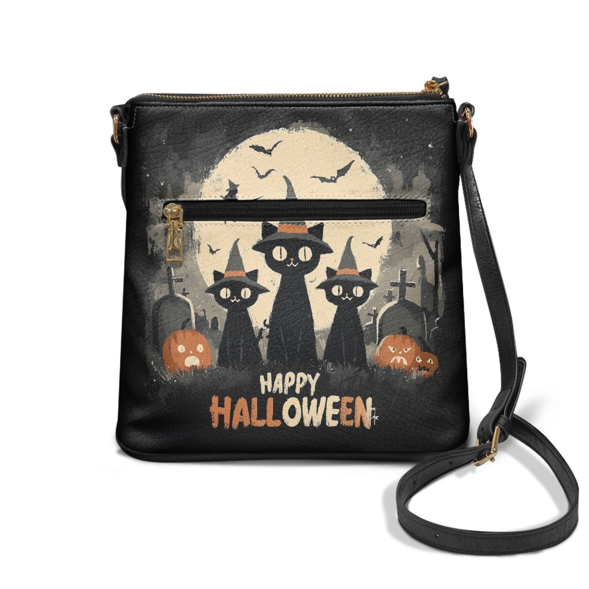 Kuiaobaty Kitten Pumkin Grave Print Crossbody Bag for Women, Lightweight Multi Pocket Vegan Leather Shoulder Purse, Waterproof Travel Crossbody Handbag, Trendy Sling Bag for Halloween