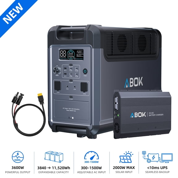 ABOK 3600W Portable Power Station, 3840Wh LiFePO4 Solar Generator with 500W DCDC Car Fast Charger for RV, Camping, Road Trips & Off-Grid Power