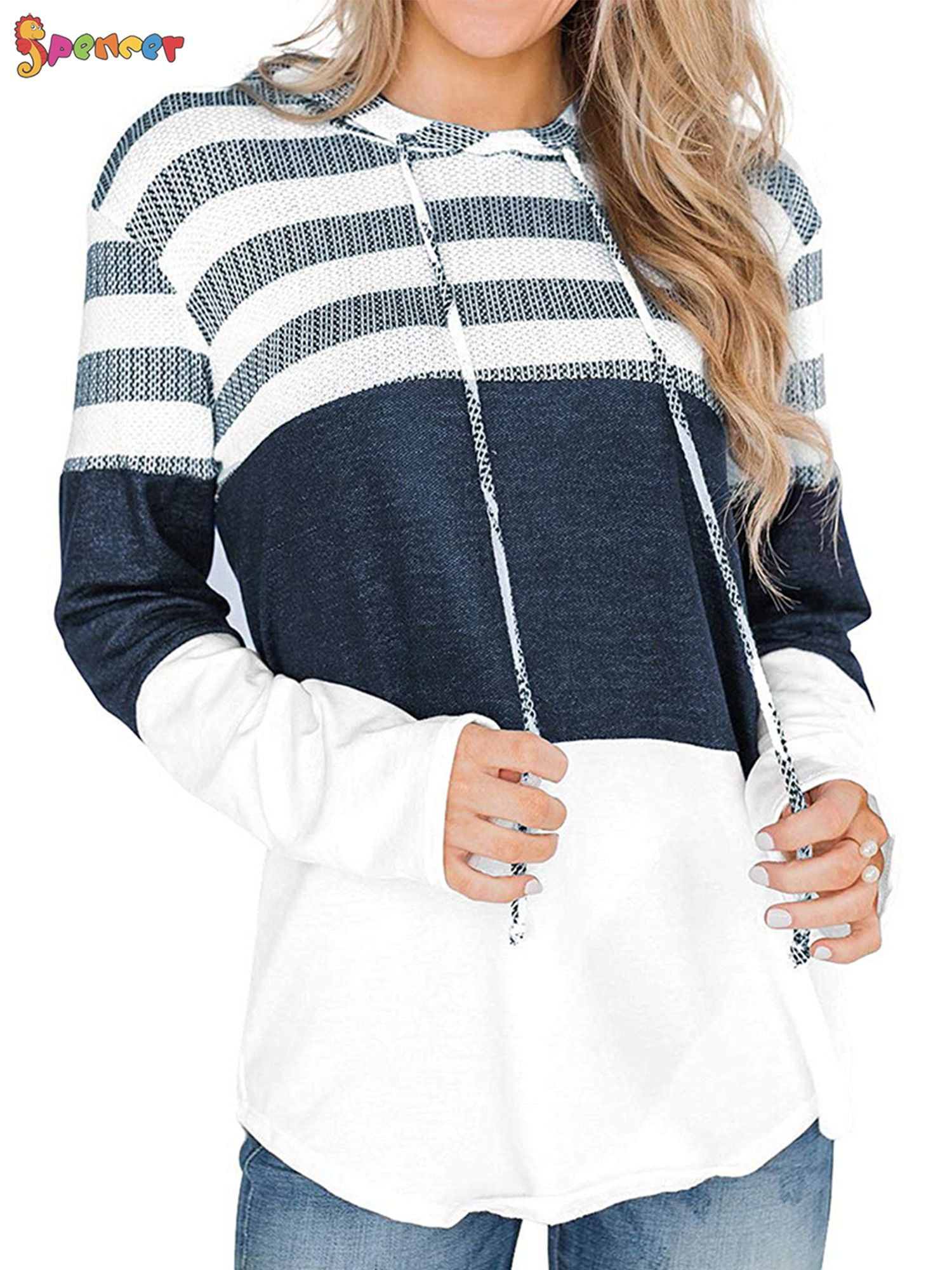 Spencer Women's Striped Color Block Long Sleeve Hoodies Pullover Casual ...