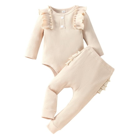 

ZIYIXIN Newborn Infant Baby Girl 2Pcs Spring Clothes Long Sleeve Bodysuit Romper Top Ruffled Trouser Outfits Beige 0-6 Months