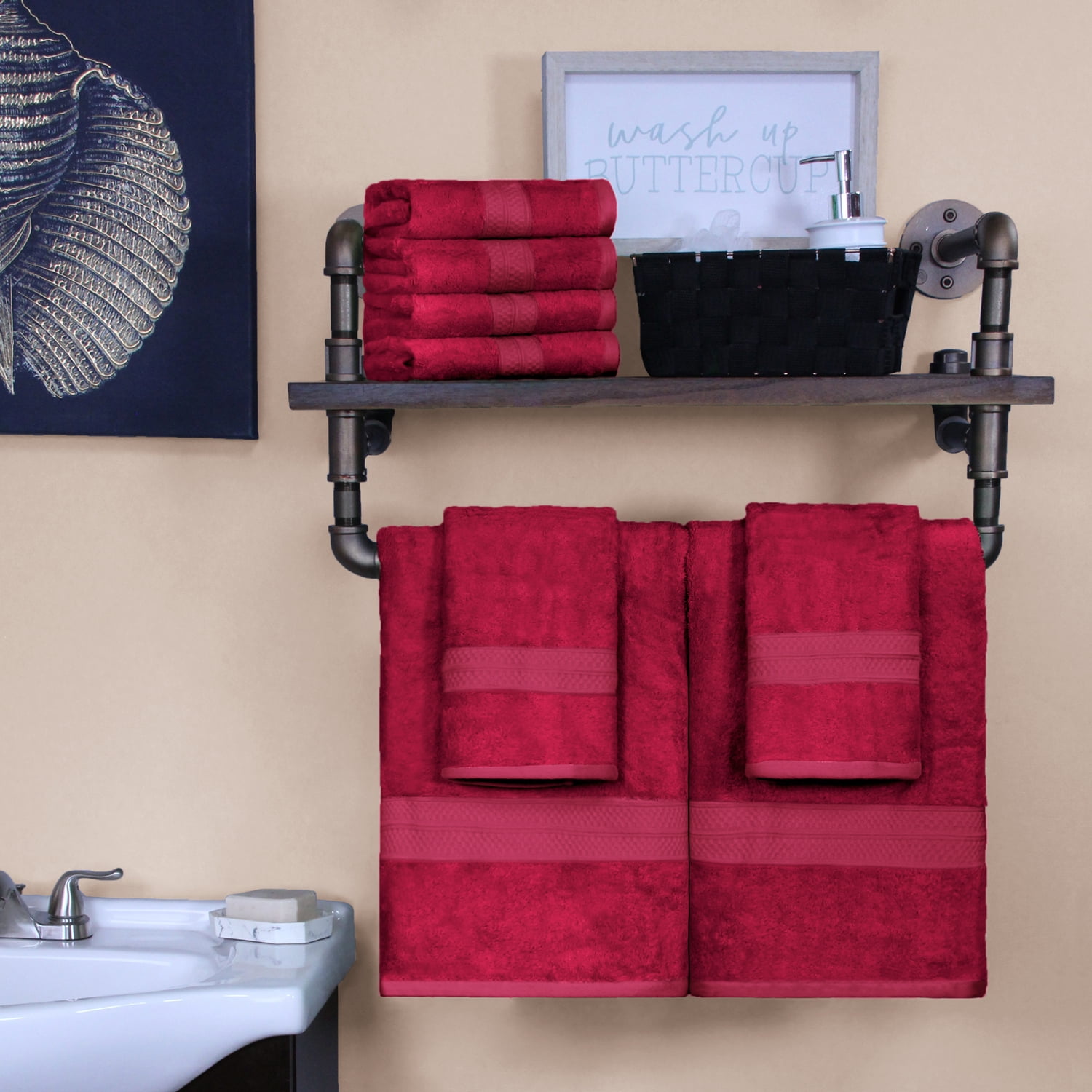 Superior 2 Piece Bath and 6 Piece Hand Towel Set, Rayon From Bamboo and Cotton, Crimson