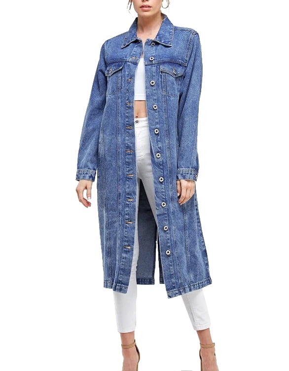 Women's Long Casual Maxi Length Denim Cotton Coat Oversize Button Up Jean  Jacket (Medium Blue, L)