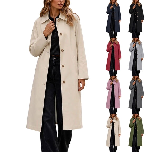Women's Long Trench Coat Button Down Lapel Collar Long Sleeve Lined Jacket Solid Color Casual Outerwear for Work Daily Wear Fall Winter