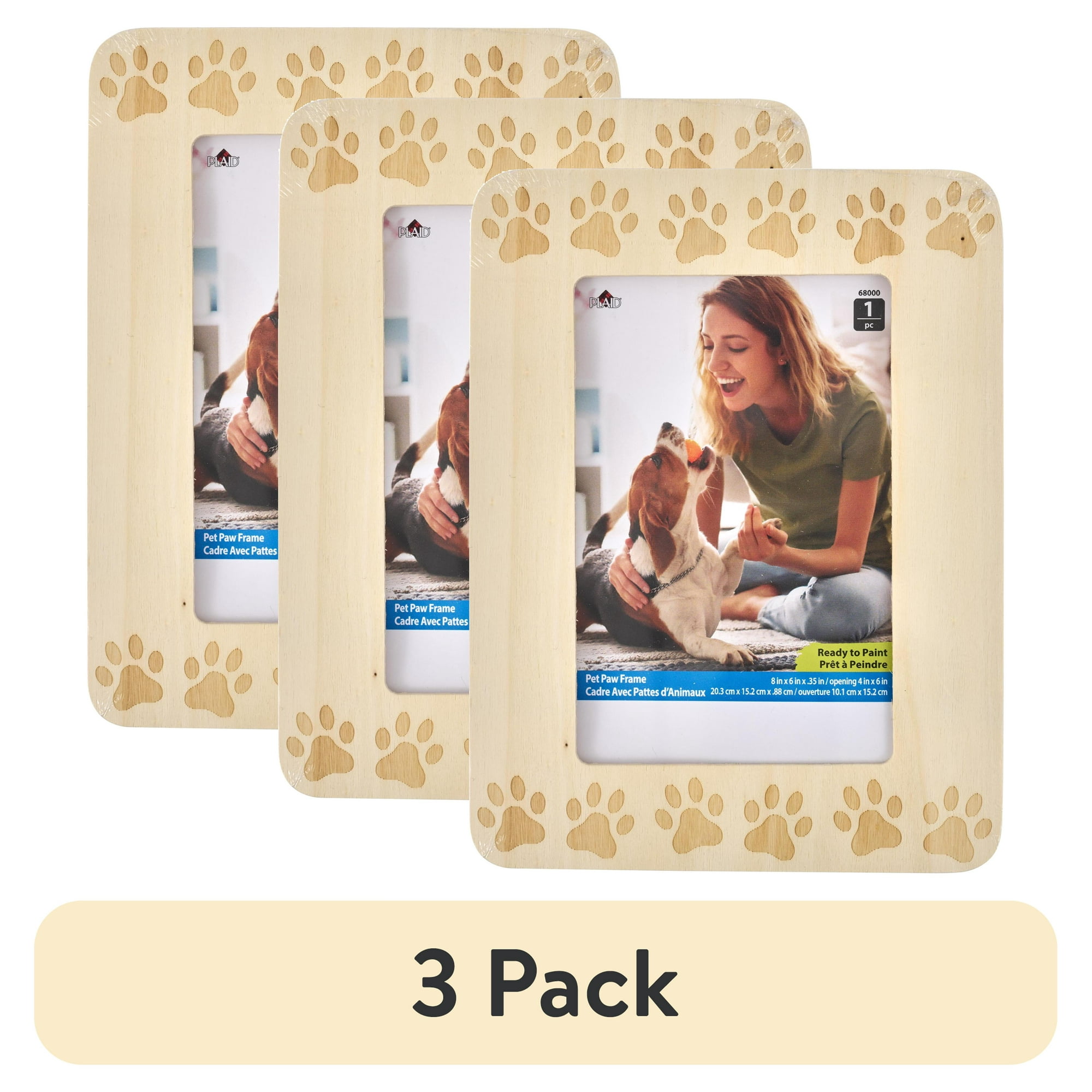 (3 pack) Plaid Unpainted Wood Surfaces Paw Print Photo Frame, 6" x 8"
