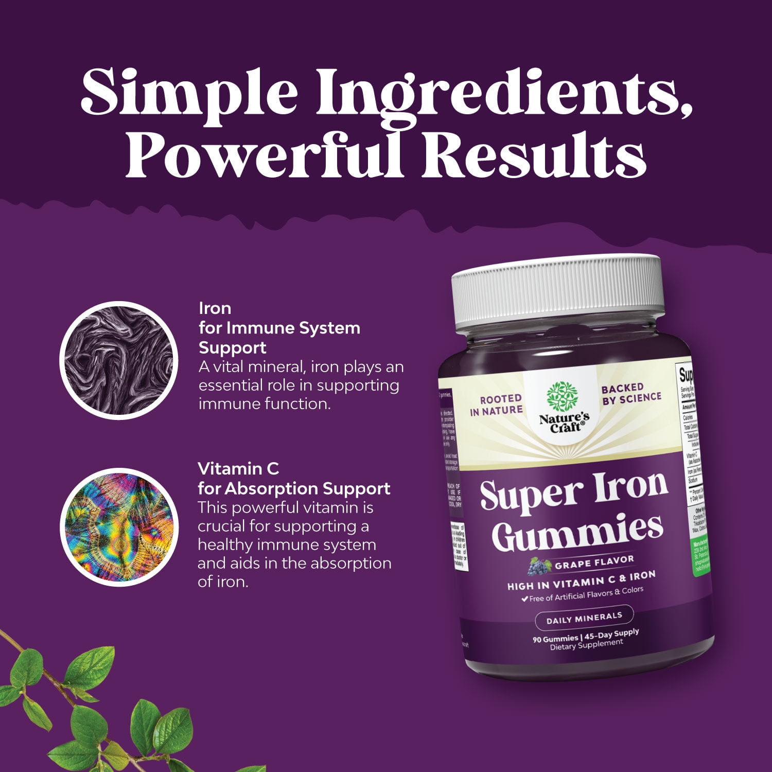 Natures Craft Extra Strength 45mg Iron Gummies with Vitamin C & B Complex, Grape Flavor, 90 Count
