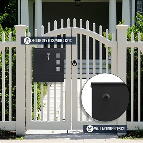 Locking Wall Mount Mailbox for Outside - Large Capacity Outdoor Mail Box with Key Lock for Home/Residential, Holds Newspapers/Magazines/Envelopes, 13 x 3.4 x 11.8 Inch, Black