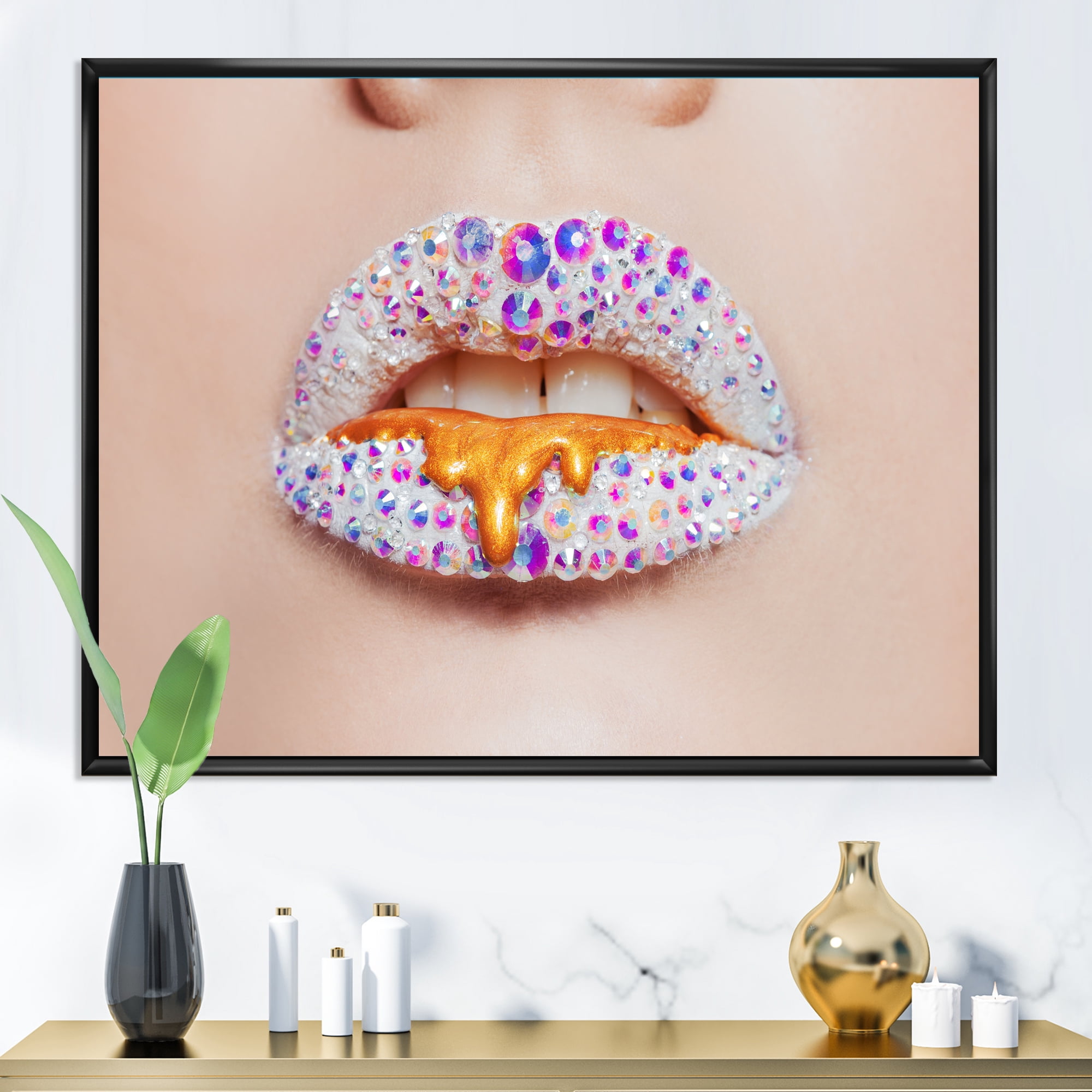 Designart 'Shining Woman Lips Covered With Rhinestones and Smudges' Modern Framed Canvas Wall Art Print