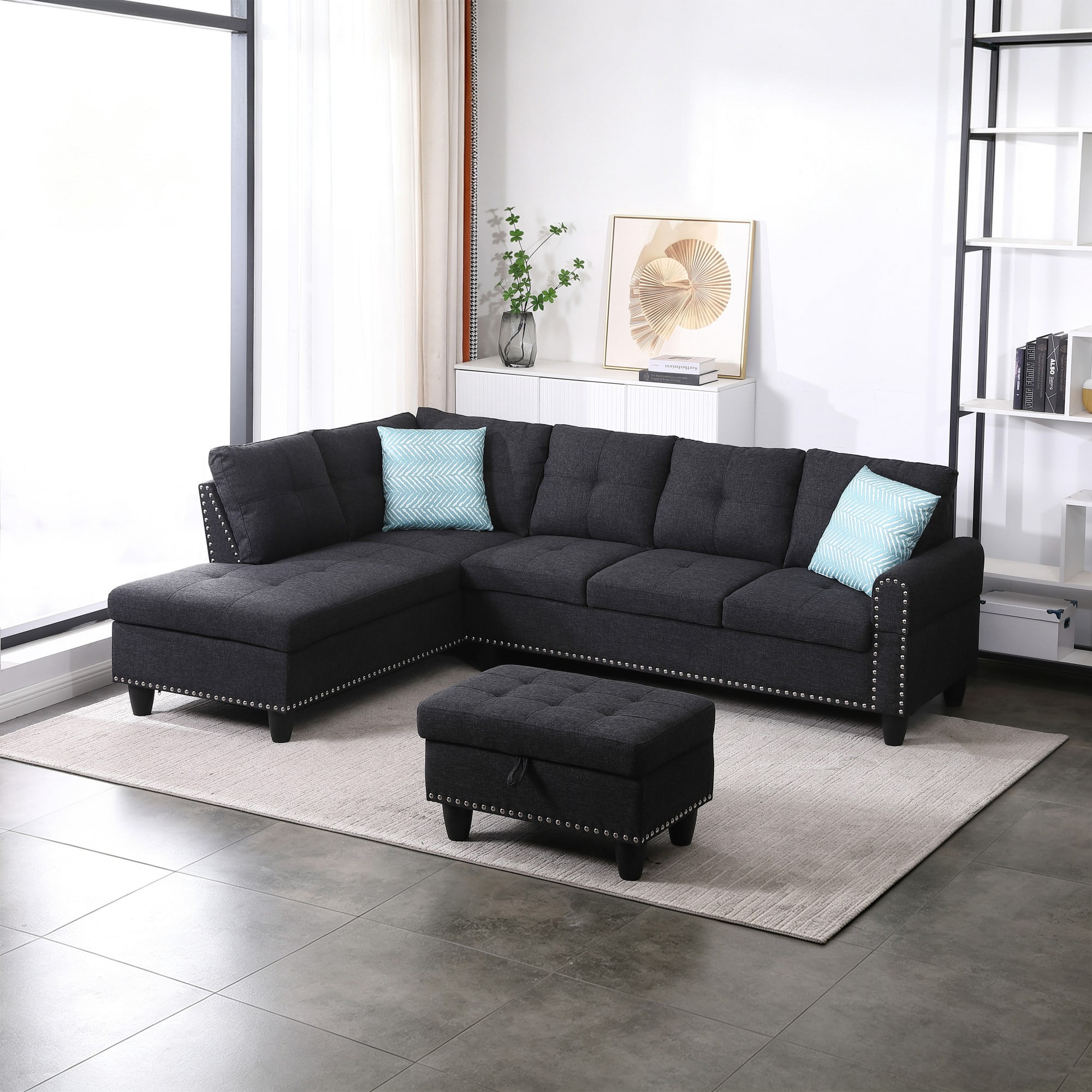 BSHTI 3-Seat Contemporary Linen L-Shaped Sectional Sofa with Reversible Storage Chaise, Storage Ottoman, Cup Holders for Living Room（Charcoal Gray）