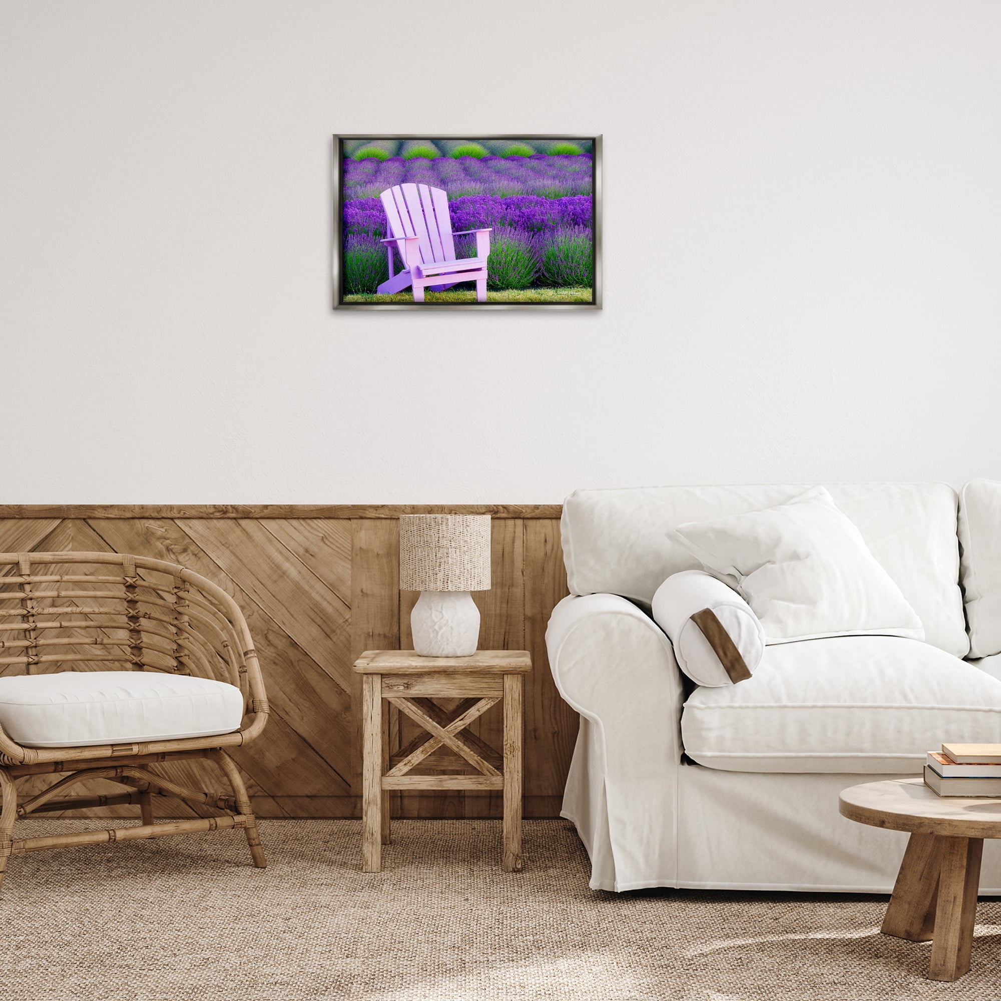 Stupell Industries Chair & Lavender Field Landscape & Nature Painting Gray Floater Framed Canvas Art Print Wall Art, 25 x 17