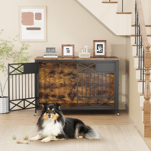 Furniture-Style 47" XXL Wooden Dog Crate with Wheels - Heavy Duty Kennel for Large Dogs - Double Door Indoor Dog Cage with Name Tag - TV Stand/End Table, Antique Brown