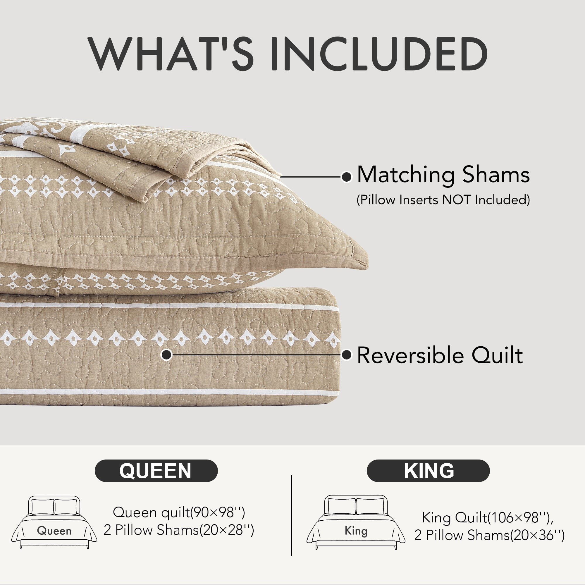 BCOTTOND Boho Quilt Set Queen 3-Piece, 100% Cotton Farmhouse Bedding, Warm Tan & Taupe Bohemian Pattern, All-Season Lightweight Coverlets