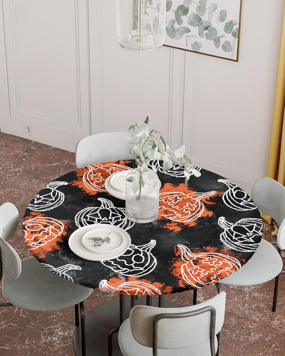 Halloween Round Fitted Tablecloth,Pumpkin Ghost Face Waterproof Elastic Edged Table Cover for Kitchen Dining Indoor Outdoor Holiday Party,Fits 36"-44" Tables,Orange and Black