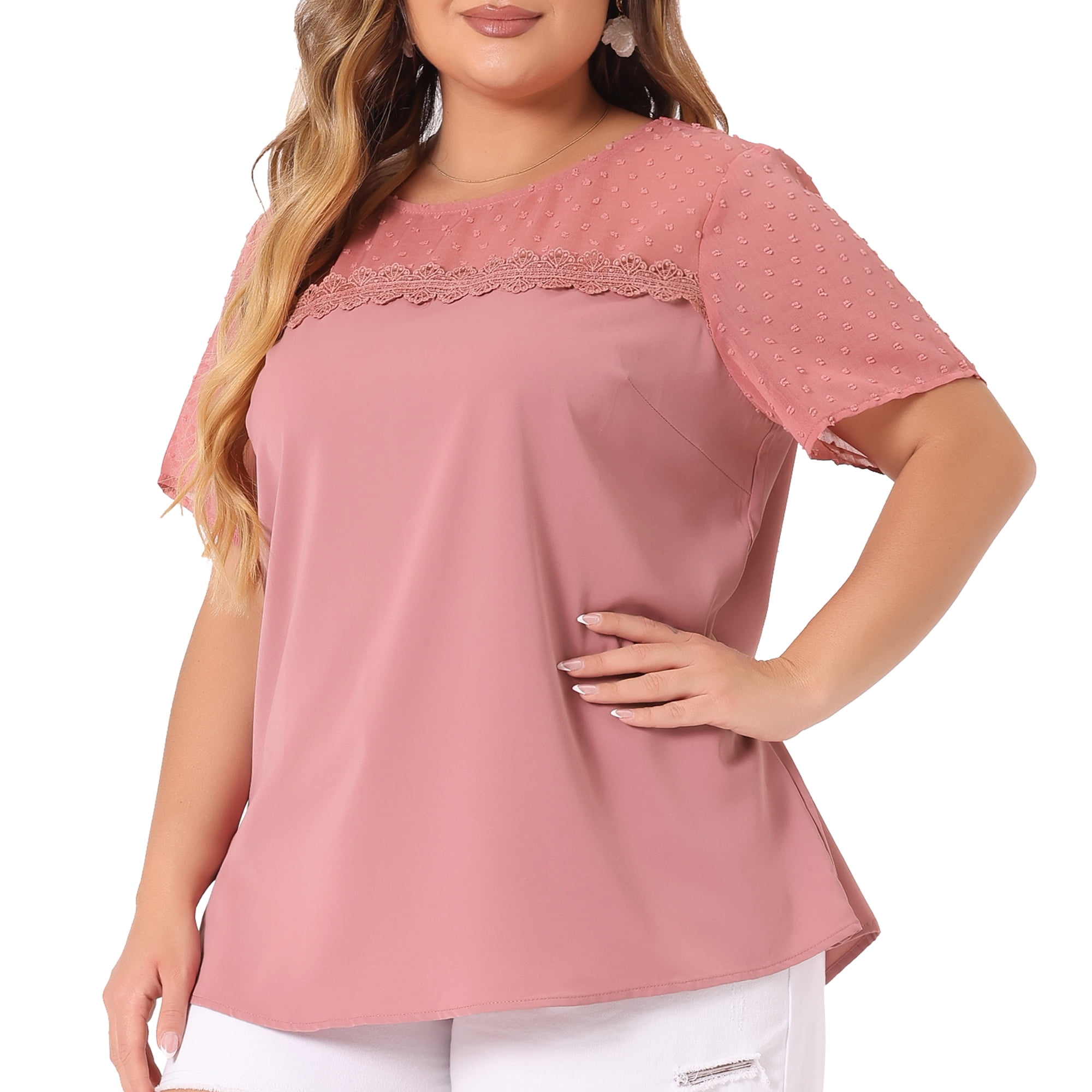 DARING DIVA Women's Plus Size Short Sleeves Polka Dots Lace Panel Top 4X Pink