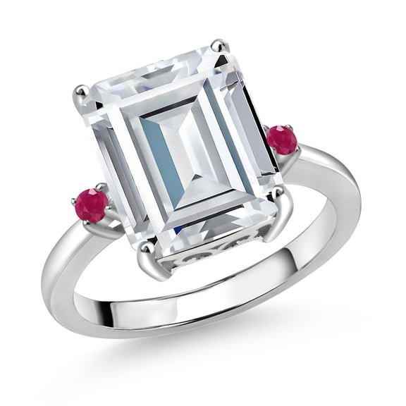 Gem Stone King 925 Sterling Silver Red Ruby Ring Set with Emerald Cut Moissanite (7.47 Cttw) (Size 9)