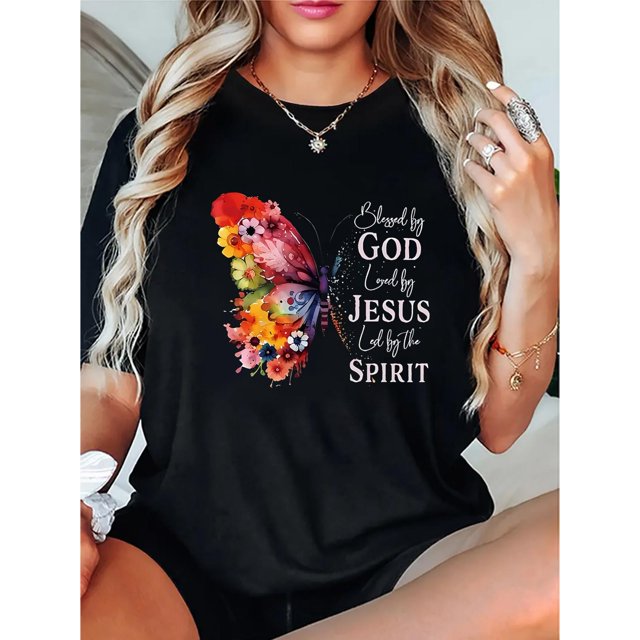 Women's Casual Butterfly Graphic Tee - Comfy Stretchy Polyester Blend, Crew Neck Short Sleeve T-Shirt with Slogan Print, Machine Washable - Perfect for Summer & Spring