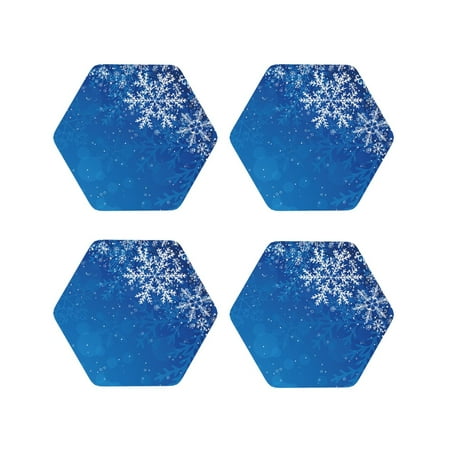 

KLL Drink Coasters Set Hexagon of 4 PU Leather Absorbent Coasters Set Decorative Coffee Cup Coasters Housewarming Gift for Home Decor-Blue Christmas With Snowflakes