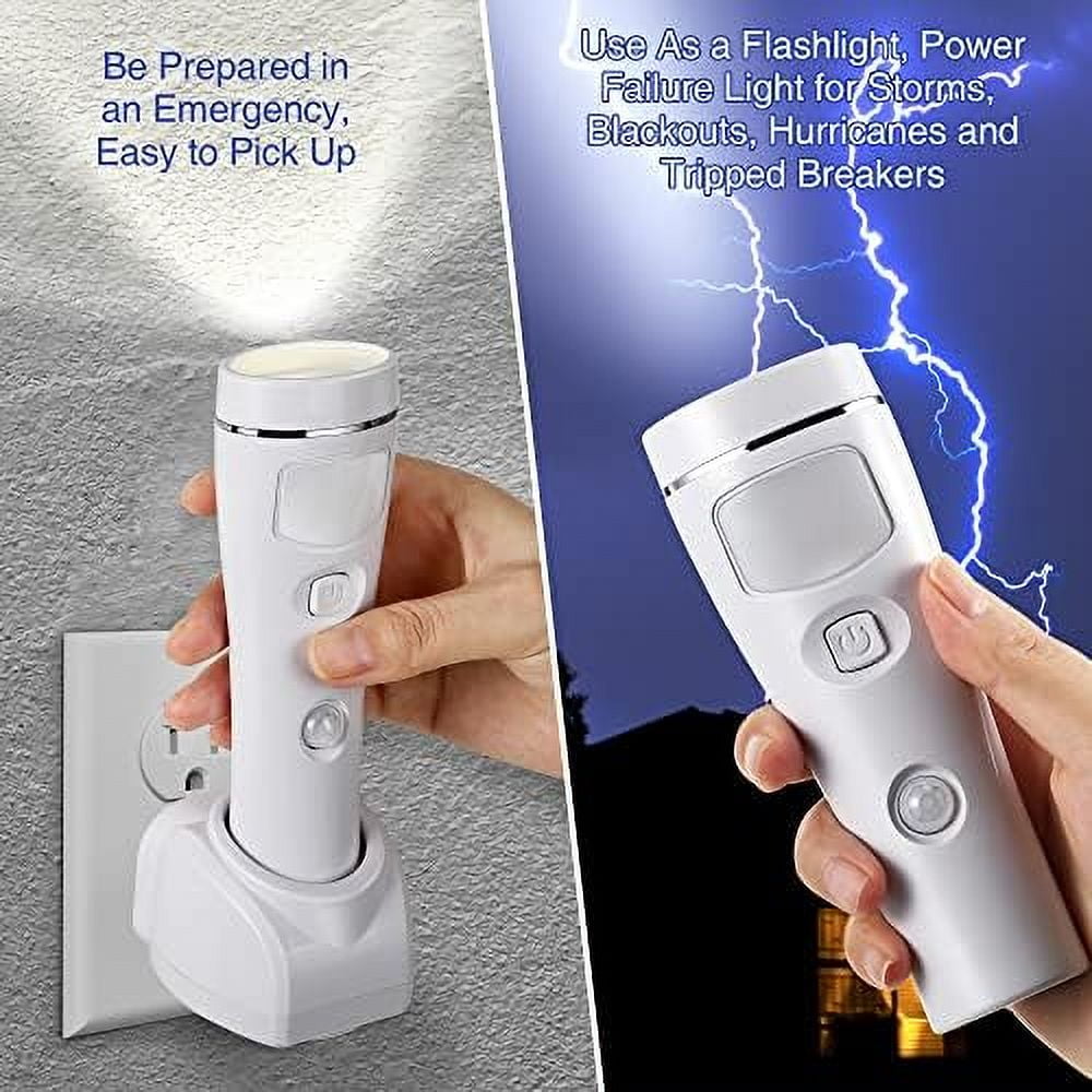 4 in 1 LED Rechargeable Plug in Flashlights, 3 Pack LED Emergency Lights for Home Power Failure, Plug in Power Outage Light, Power Failure Light with Motion Detection (White) White White White