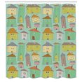 thumbnail image 3 of Architecture Shower Curtain, Illustration of Hand Drawn Like Crooked Houses in Soft Colors, Fabric Bathroom Set with Hooks, 69W X 84L Inches Extra Long, Almond Green and Multicolor, by Ambesonne, 3 of 3
