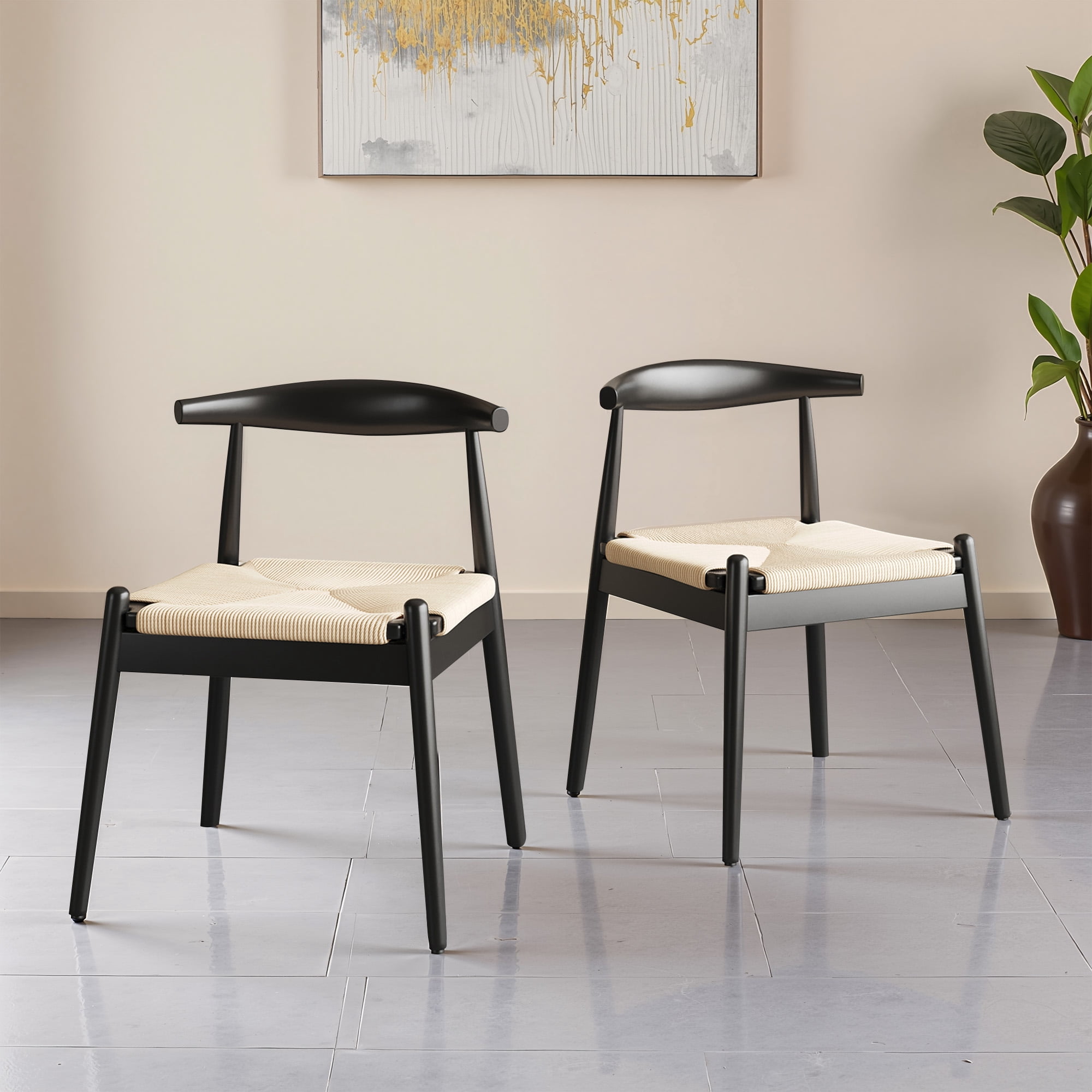 MAYEERTY Set of 2 Modern Dining Chairs, Solid Wood Legs & Woven Rope for Dining Room, Black-beige