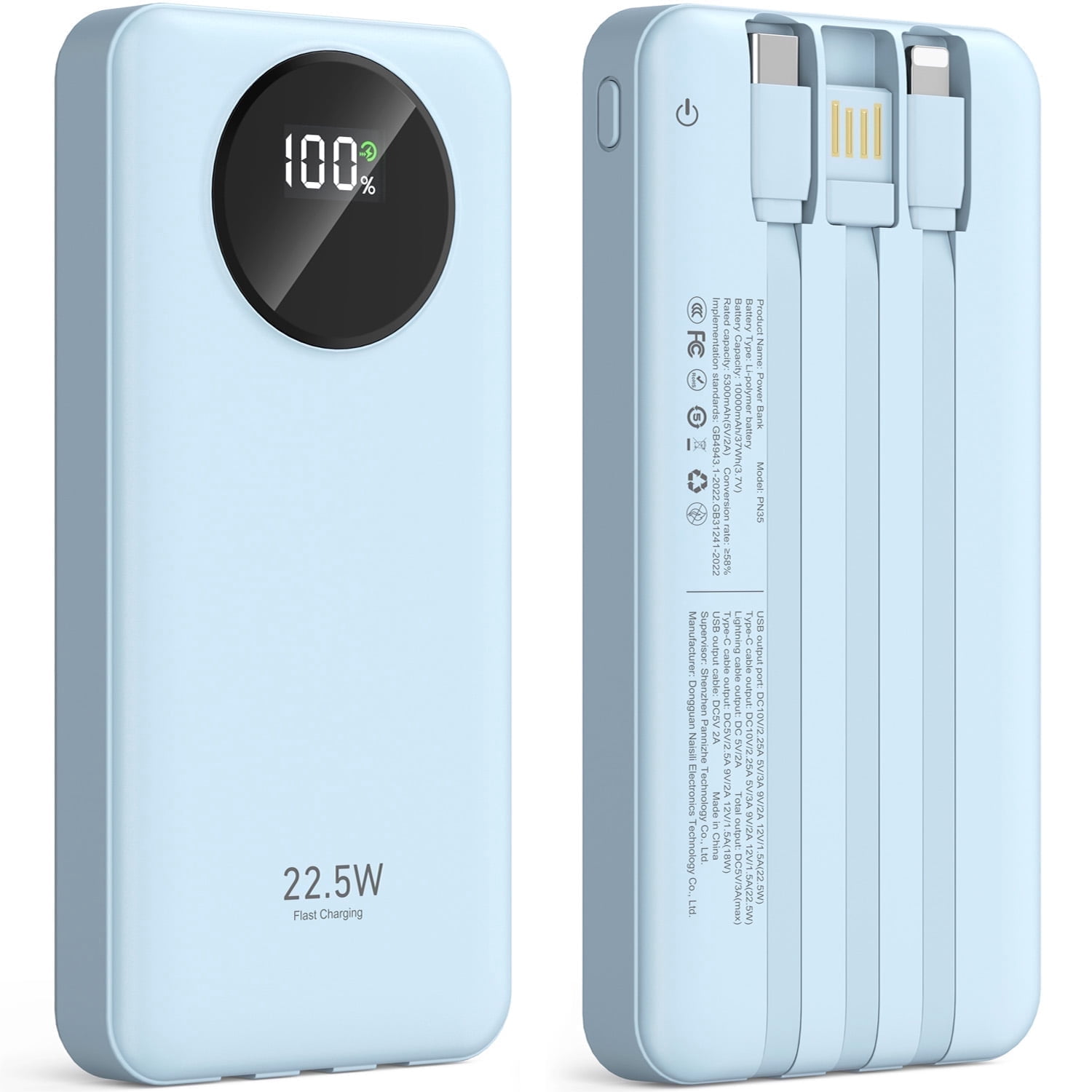 JIUMESS 10000mAh Power Bank with Cables 22.5W Fast Portable Charger Compatible for iPhone, Android