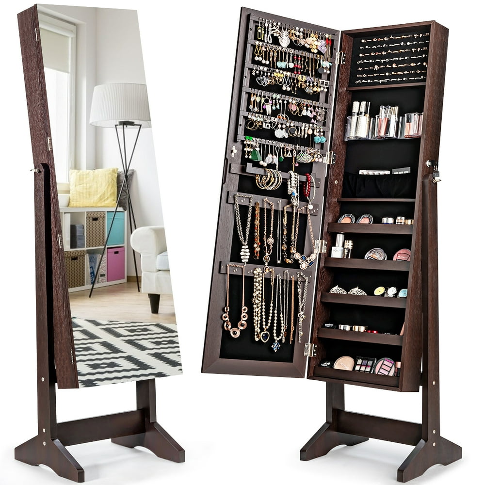 Costway Jewelry Stand Armoire Box Lockable Organizer w/ Full